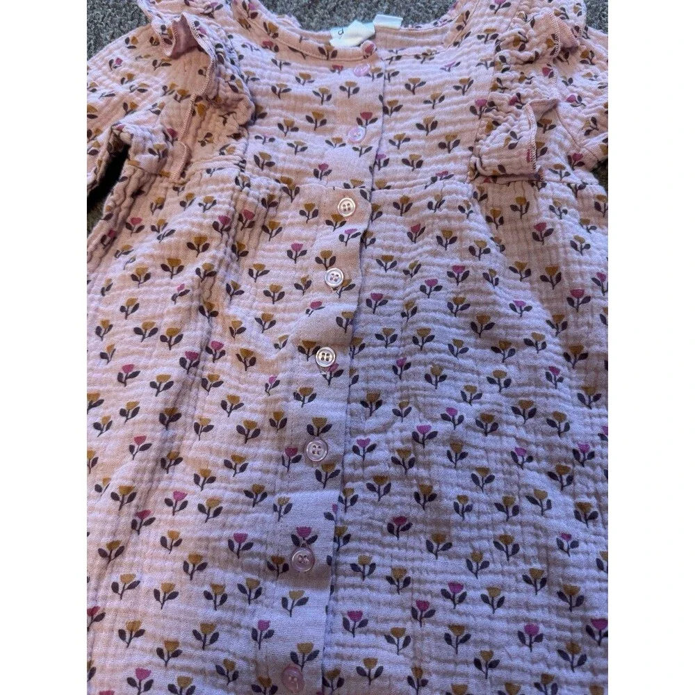 Deux Par Deux Baby Girls Muslin Jumpsuit With Ruffle Pinky Tulip Print 18M EUC